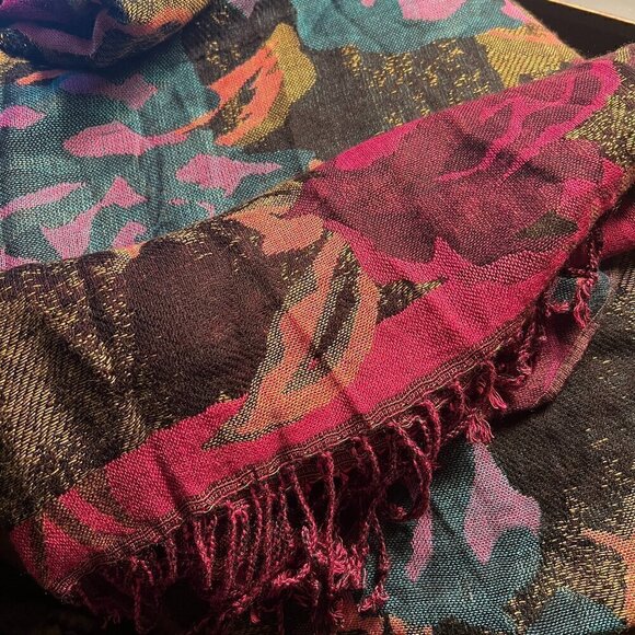 Large Black & Vibrant Jewel Toned Wrap Scarf Floral Patterned with Fringe - Picture 5 of 10